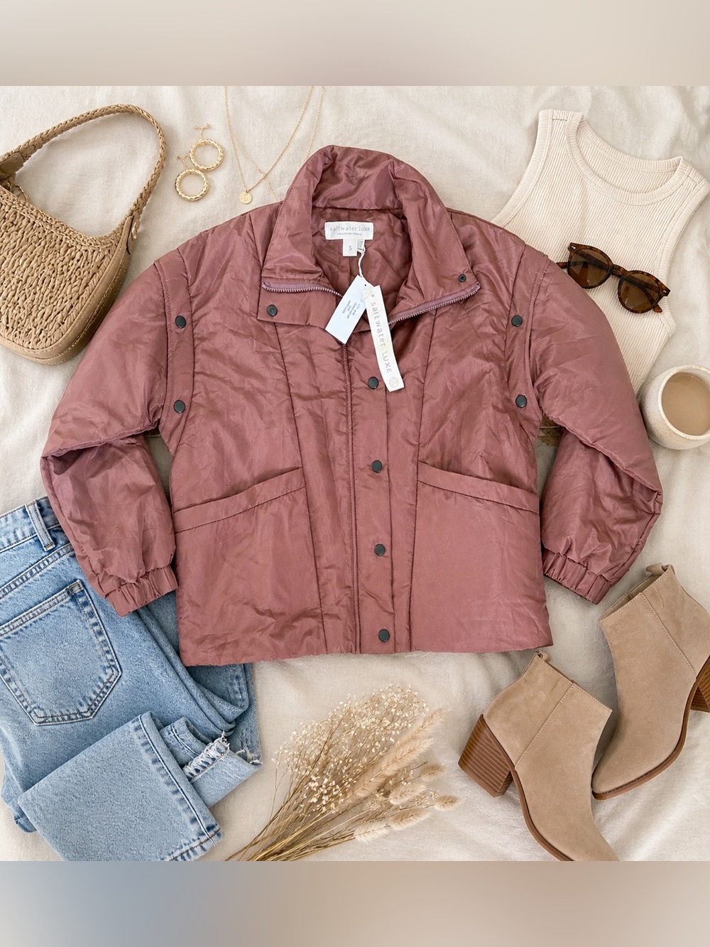 Saltwater Luxe Leyane Brown Puffer Jacket Snap Front Lightweight Coat Size S NWT
